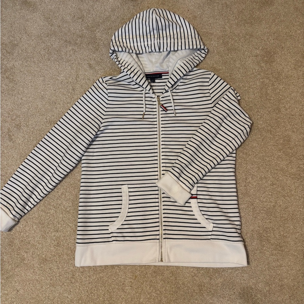 Tommy Hilfiger White and Black Striped Hoodie. Size Large.